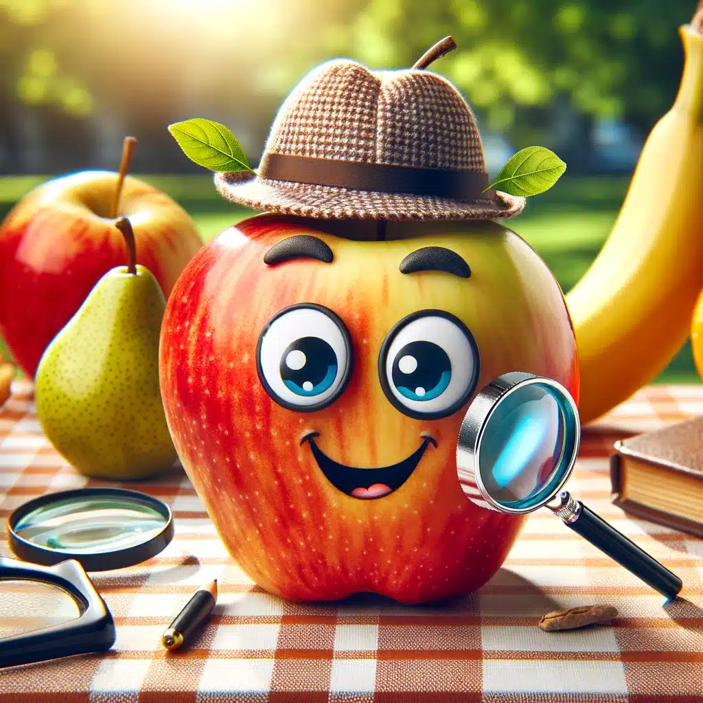 A cartoon apple wearing a detective hat holds a magnifying glass up to a bowl filled with a red apple, a green apple, and an orange. Text on the table reads "Apple vs Orange: A Fun Nutritional Showdown!