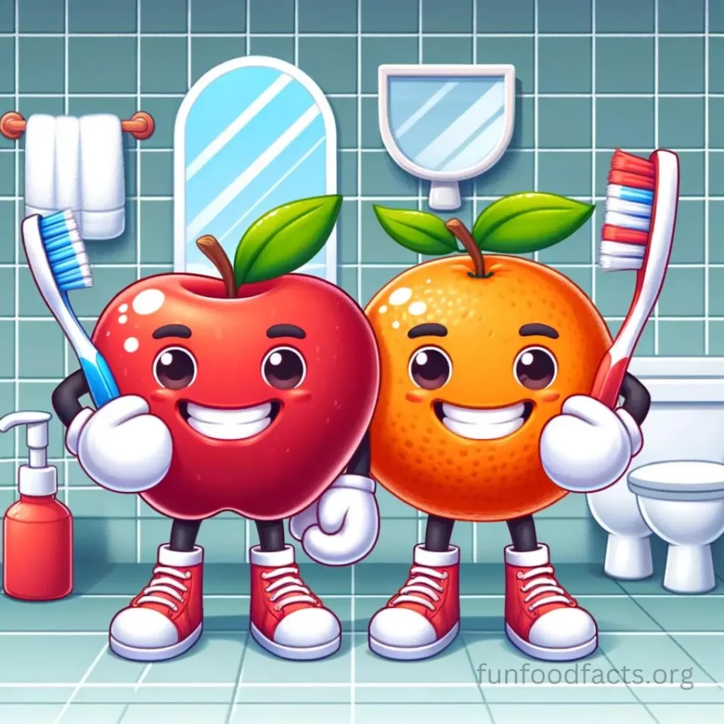 Two cartoon fruit characters, an apple and an orange, brushing their teeth in a bathroom. Fun and educational content about dental hygiene