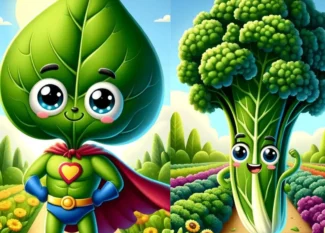 Anthropomorphic spinach and kale characters standing in a garden