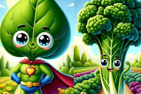 Anthropomorphic spinach and kale characters standing in a garden