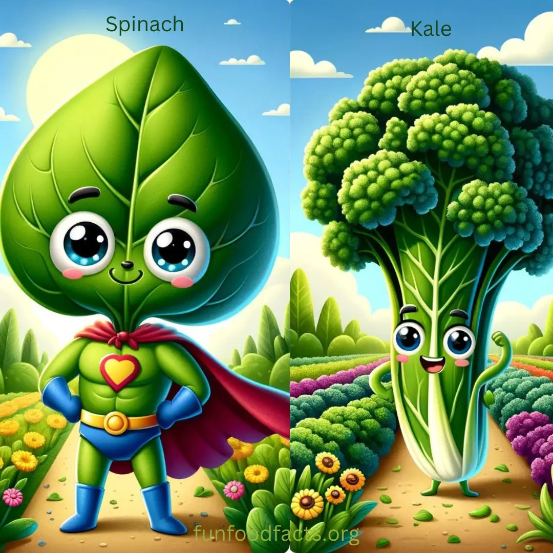 Anthropomorphic spinach and kale characters standing in a garden