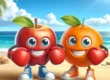 Cheerful cartoon apple verses orange with boxing gloves on a sunny beach, promoting healthy competition.