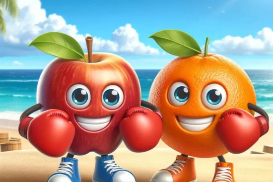 Cheerful cartoon apple verses orange with boxing gloves on a sunny beach, promoting healthy competition.