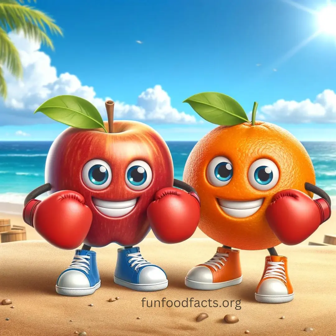 Cheerful cartoon apple verses orange with boxing gloves on a sunny beach, promoting healthy competition.